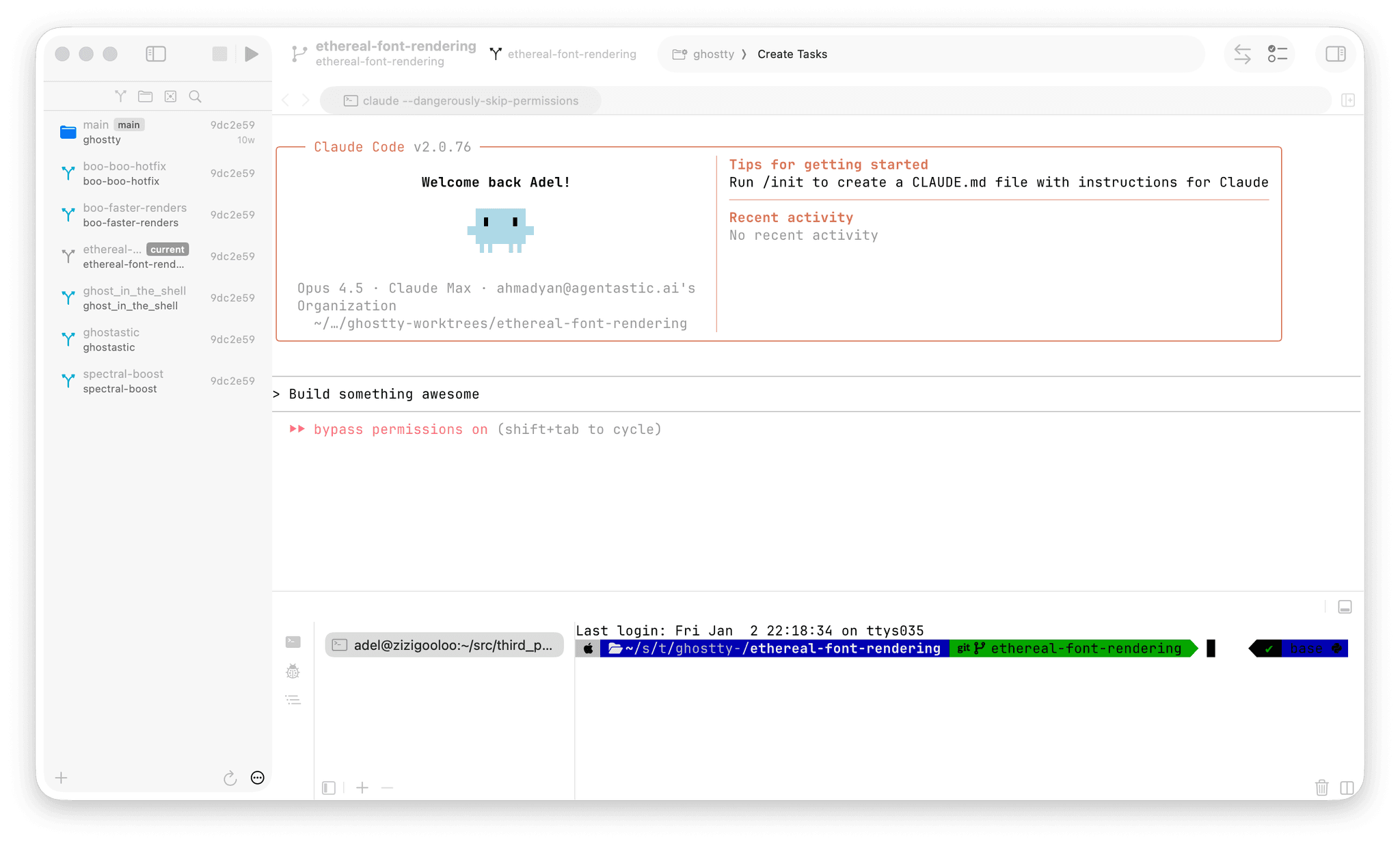 Agentastic.dev multi-agent IDE showing parallel coding worktrees with built-in terminal and diff viewer